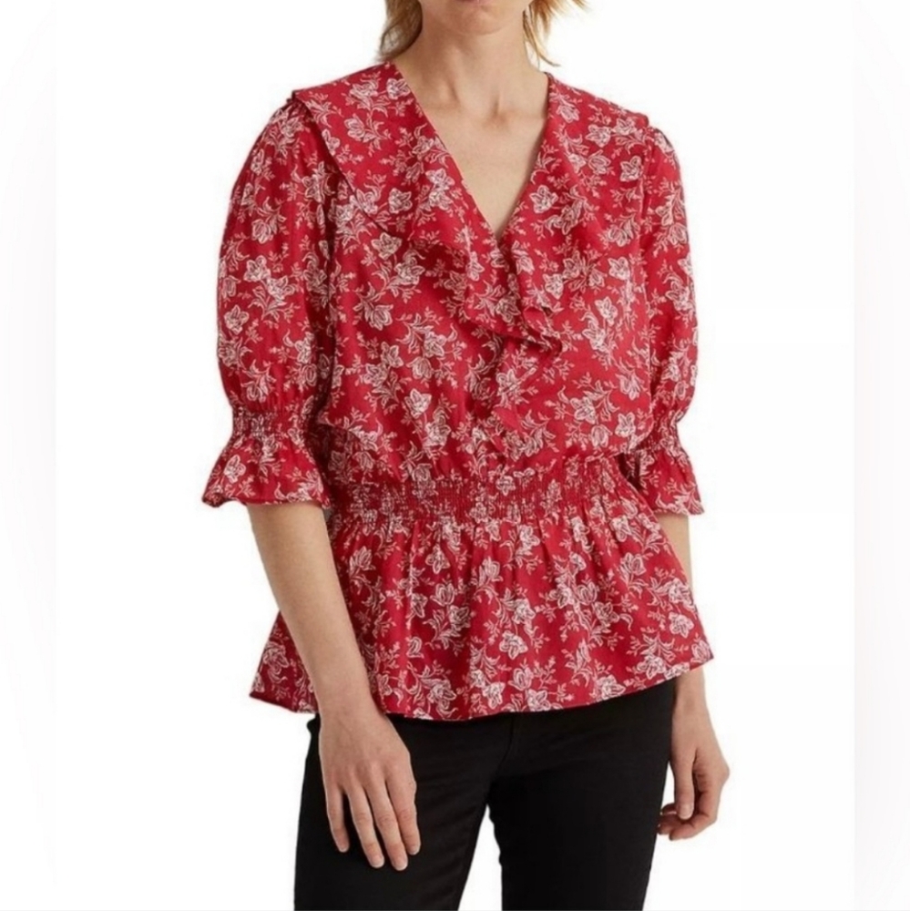 NEW Lauren Ralph Lauren Cotton Dobby Ruffle Blouse